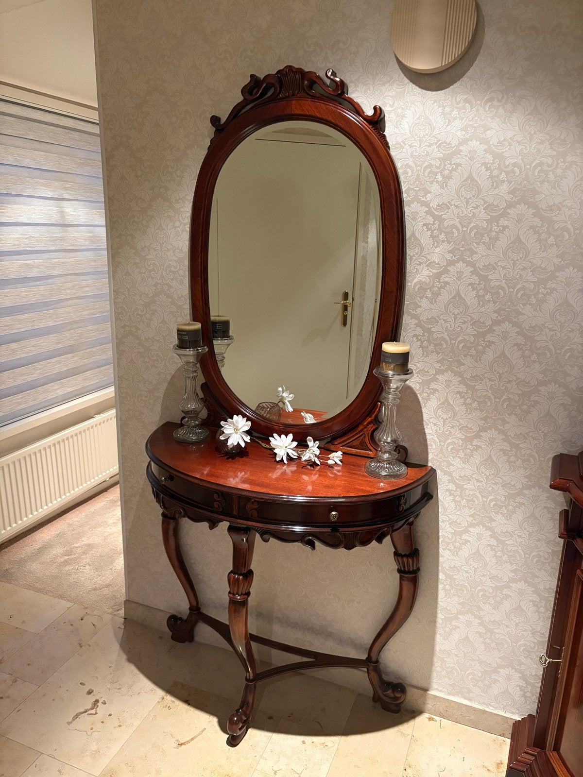 Antieke spiegel met console tafel, Antiek en Kunst, Ophalen of Verzenden, Ovaal, 50 tot 100 cm, 150 tot 200 cm