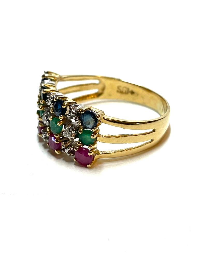 18k gouden ring met saffier, smaragd, robijn en diamant, -, -, Ophalen of Verzenden, Zo goed als nieuw