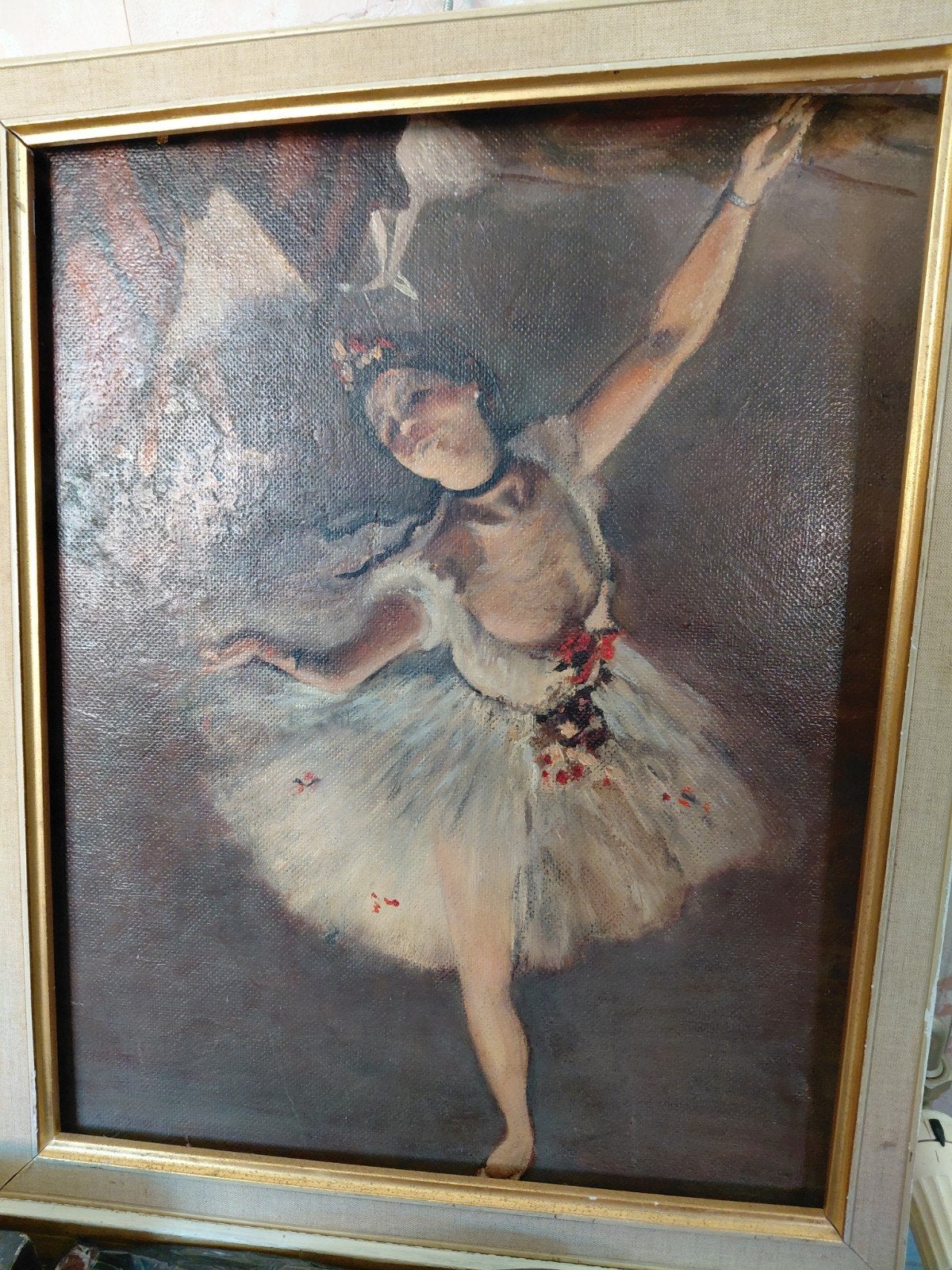 Olieverf Schilderij: Elegante Ballet Danseres op Linnen, Antiek en Kunst, Ingelijst, Doek, Portret of Personen, Realistisch