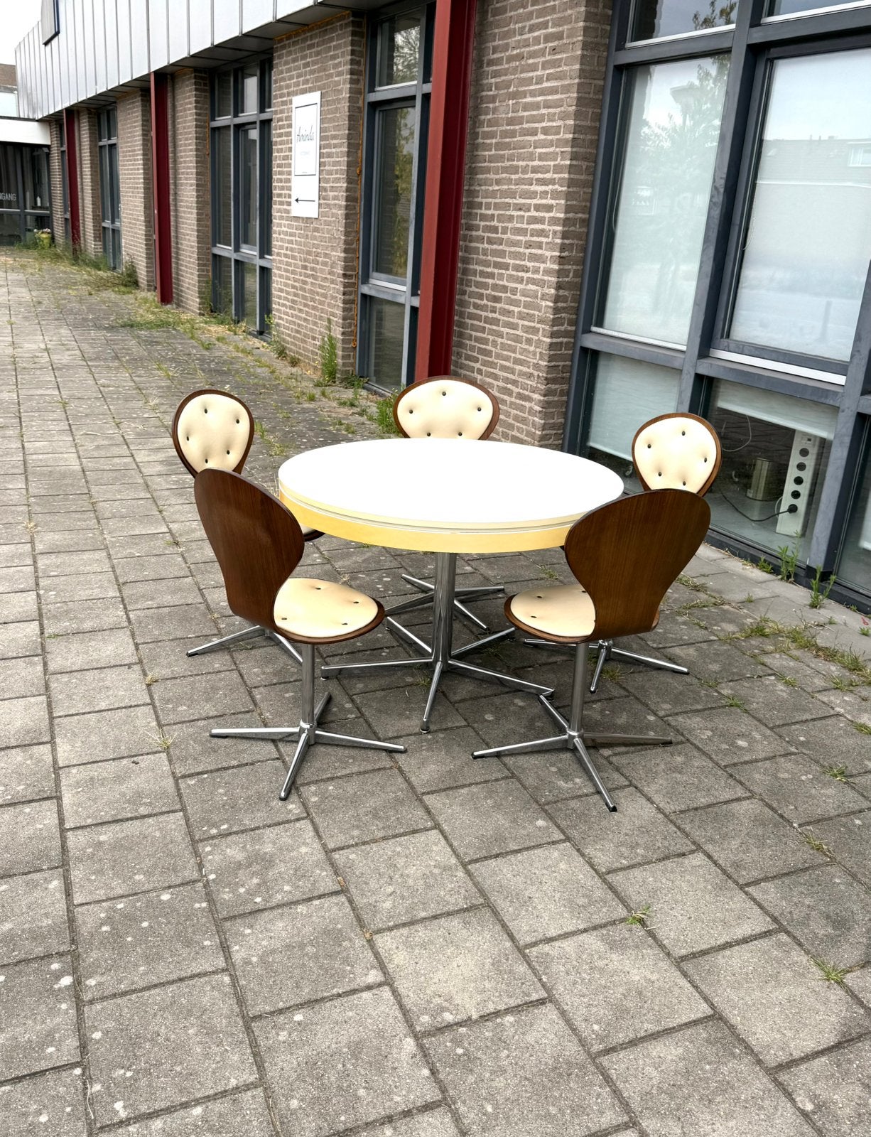 Vintage eetkamerset, Elmar Flötotto ‘60, Elmar Flötotto, Gebruikt, Vintags retro buisframe design rotan webbing papercord deens