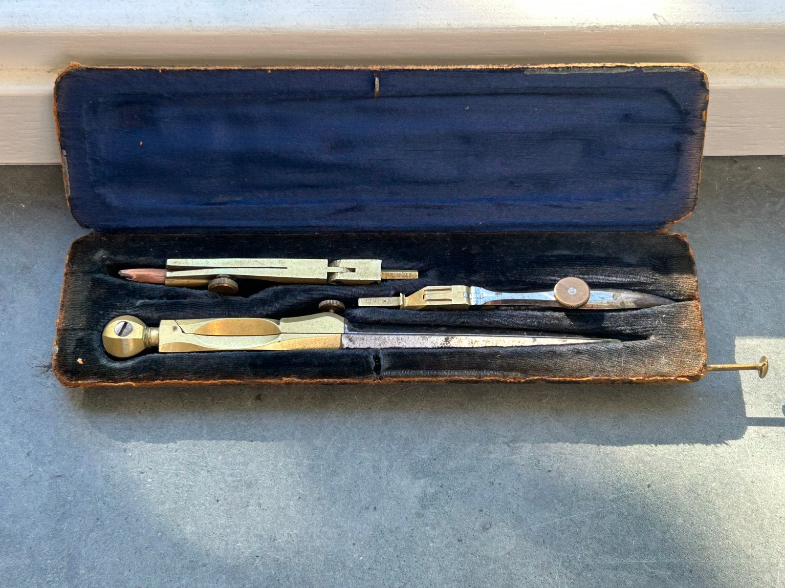 1880-1920 Antieke messing passerset +doosje fluwelen voering, Antiek en Kunst, Ophalen of Verzenden