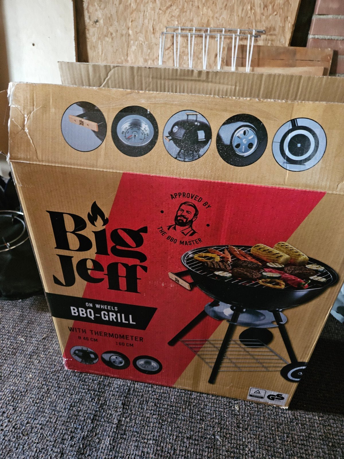Een keer gebruik,Big Jeff BBQop wielen met thermometer, Ophalen, Zo goed als nieuw, Big Jeff