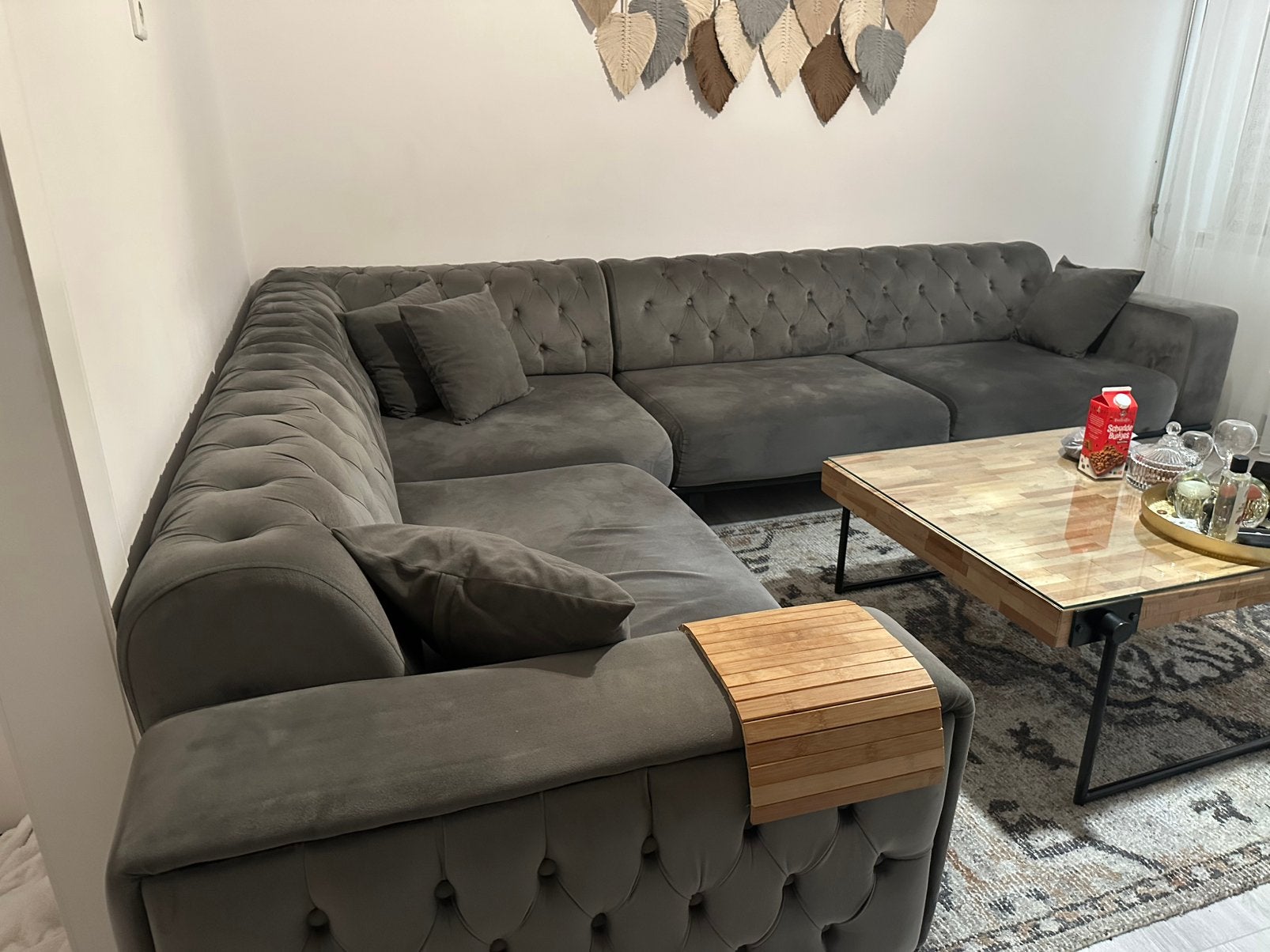 Grote Chesterfield Hoekbank Grijs Velours 250x330 cm, Huis en Inrichting, Ophalen, Zo goed als nieuw, Stof