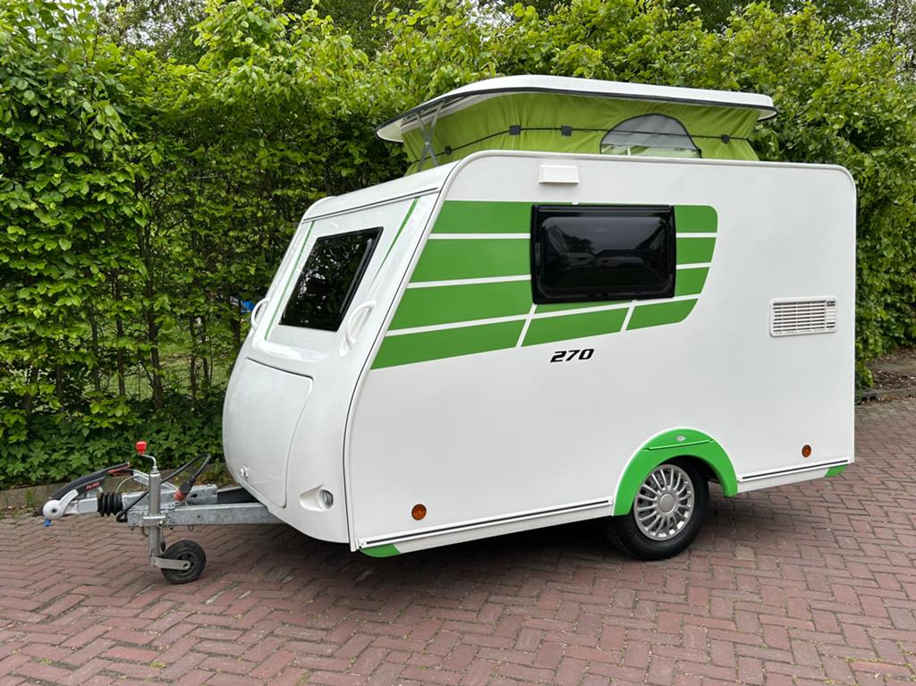 Nette Trigano 270 mini caravan, hefdak, 750 kg, Caravans en Kamperen, Caravans, Standaardzit, Trigano, Schokbreker, Tot en met 2