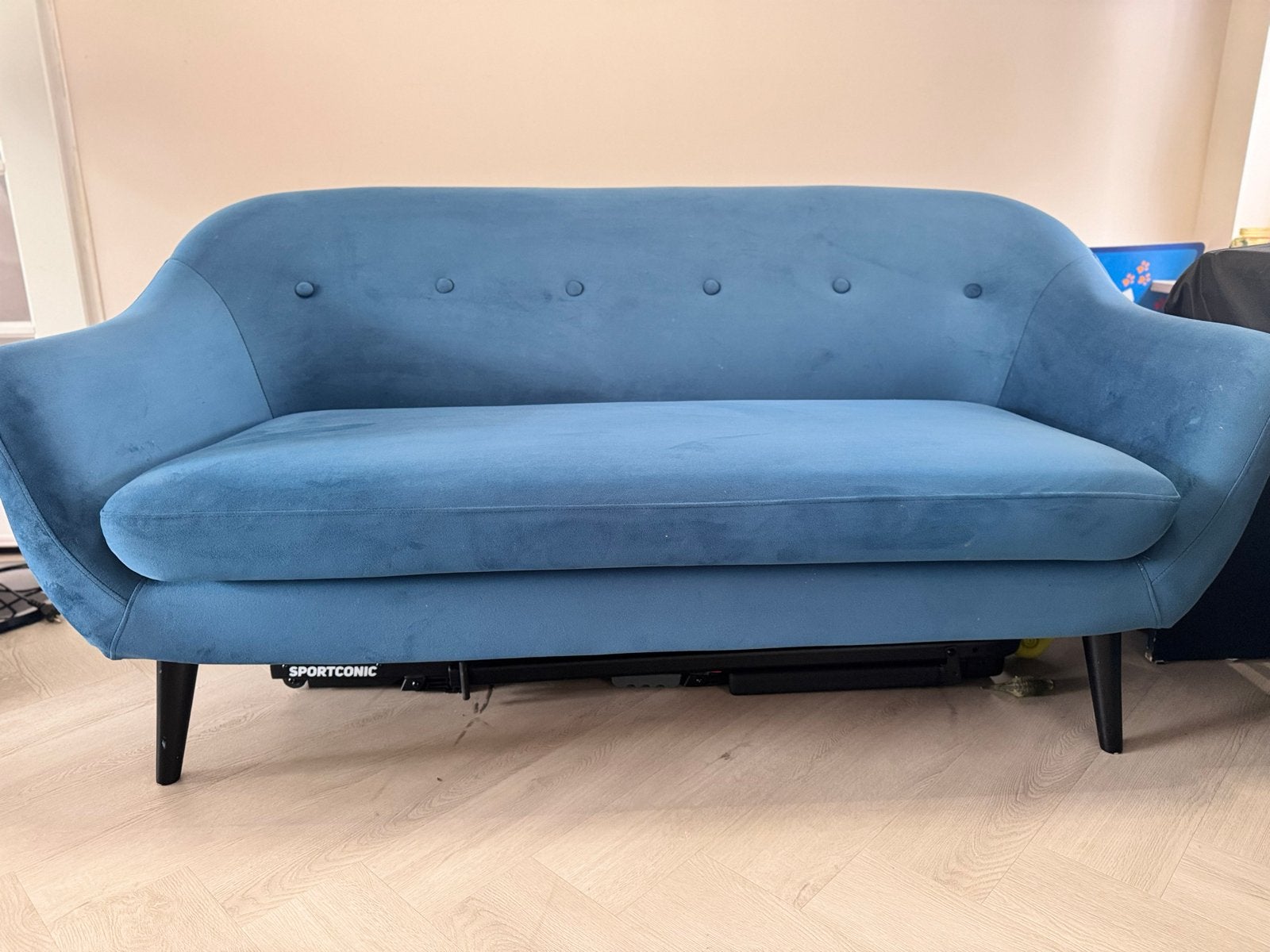 Stijlvolle blauwe 2,5-zits fluwelen bank, Ophalen, Gebruikt, 150 tot 200 cm, Tweepersoons