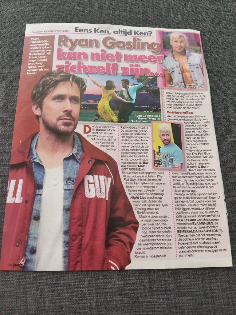 Ryan Gosling (Barbie) 1 pagina tijdschrift artikel, Verzenden, Gebruikt, Film, Overige typen