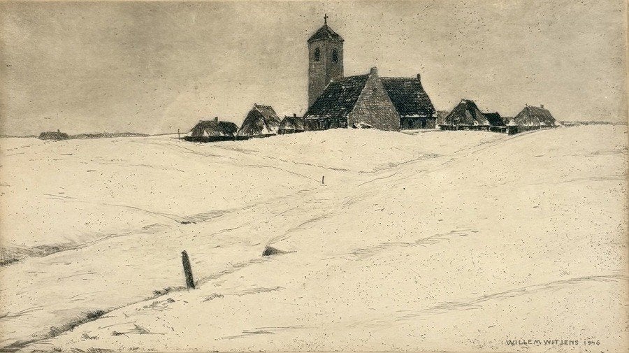 1018. Ets, Willem Witjens - dorp in de sneeuw, 1946, Antiek en Kunst, 34 cm, Ets, 19 cm, Ophalen of Verzenden