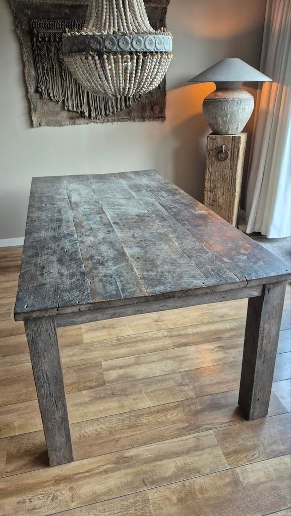 Landelijk stoere sobere houten eetkamertafel 200 x 100 cm, Ophalen, Gebruikt, 200 cm of meer, 50 tot 100 cm