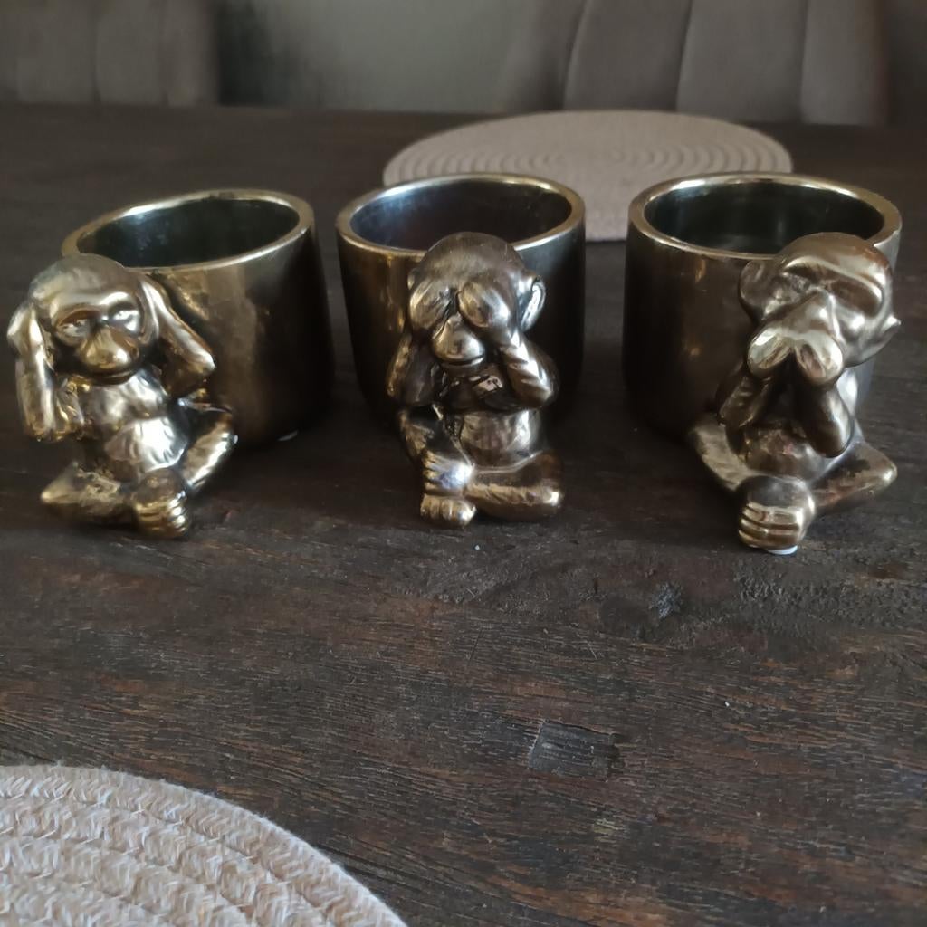 3 Goudkleurige Plantenpotjes Horen Zien Zwijgen Apen, Ophalen of Verzenden
