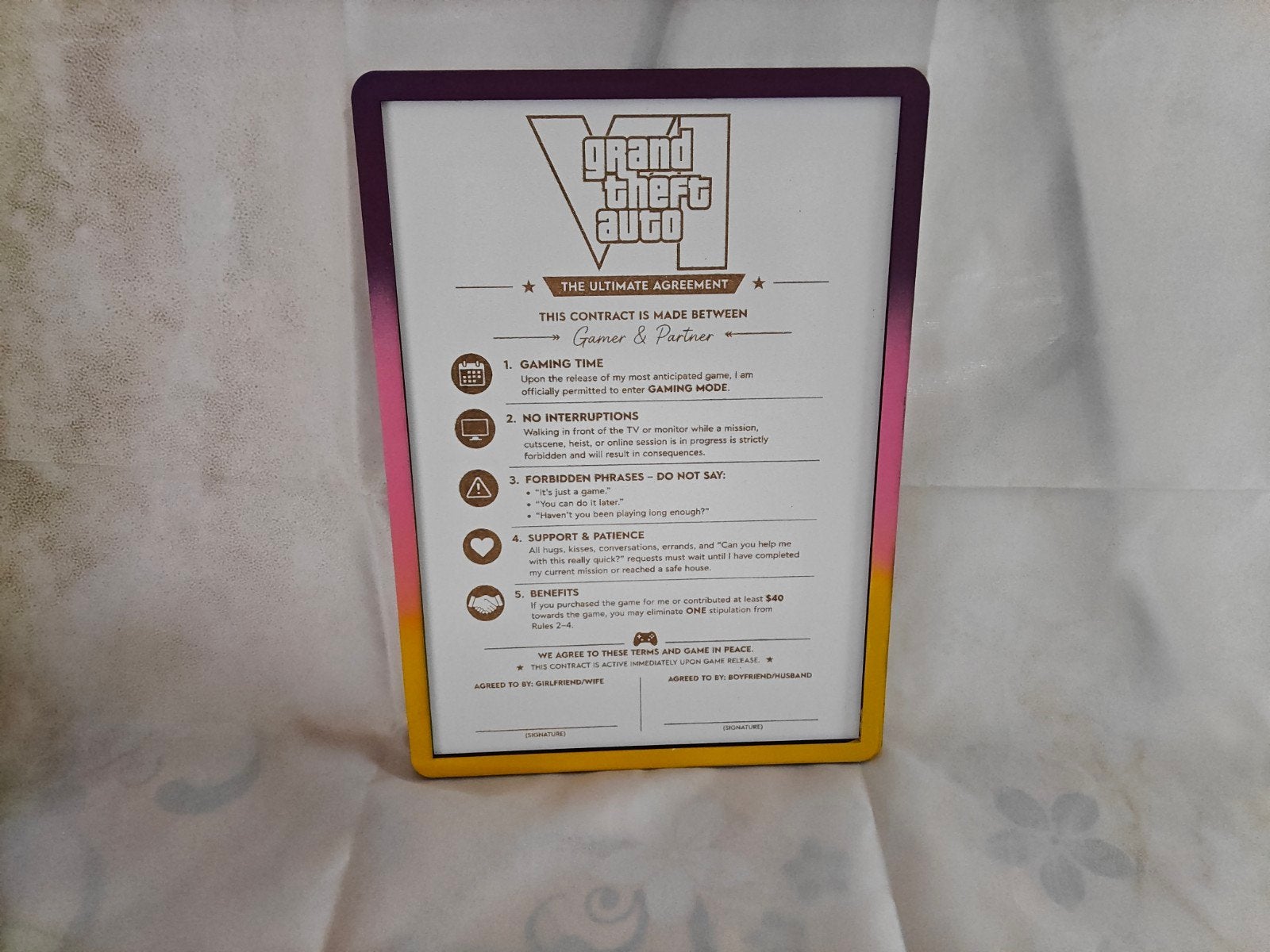 GTA VI Ultimate Agreement –Grappig cadeau voor iedere gamer!, Nieuw, Ophalen of Verzenden, GravoraDesign, Nvt