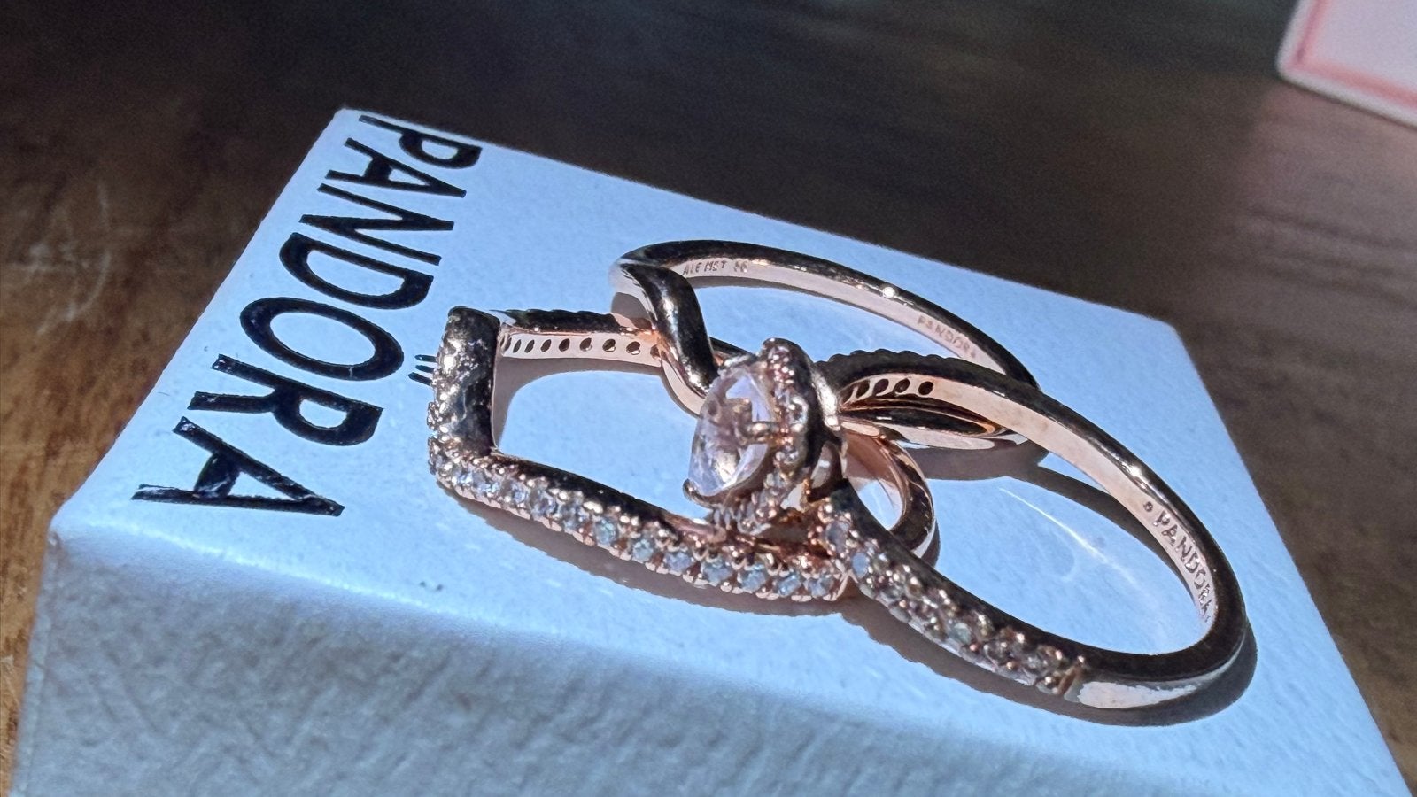 Pandora 14k Roségouden Ringen Set met Zirkonia, Met kristal, Ophalen of Verzenden, Zo goed als nieuw, 17 tot 18