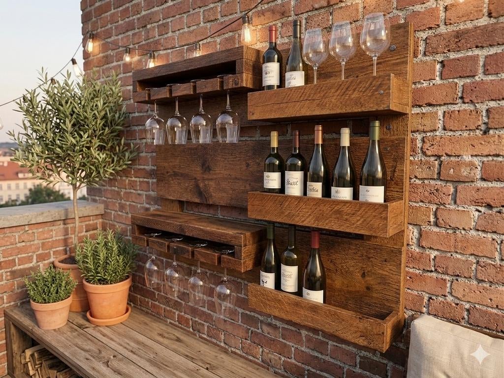 Houten wandrek voor flessen en glazen - Duurzaam design, Huis en Inrichting, Woonaccessoires | Wijnrekken, Ophalen of Verzenden