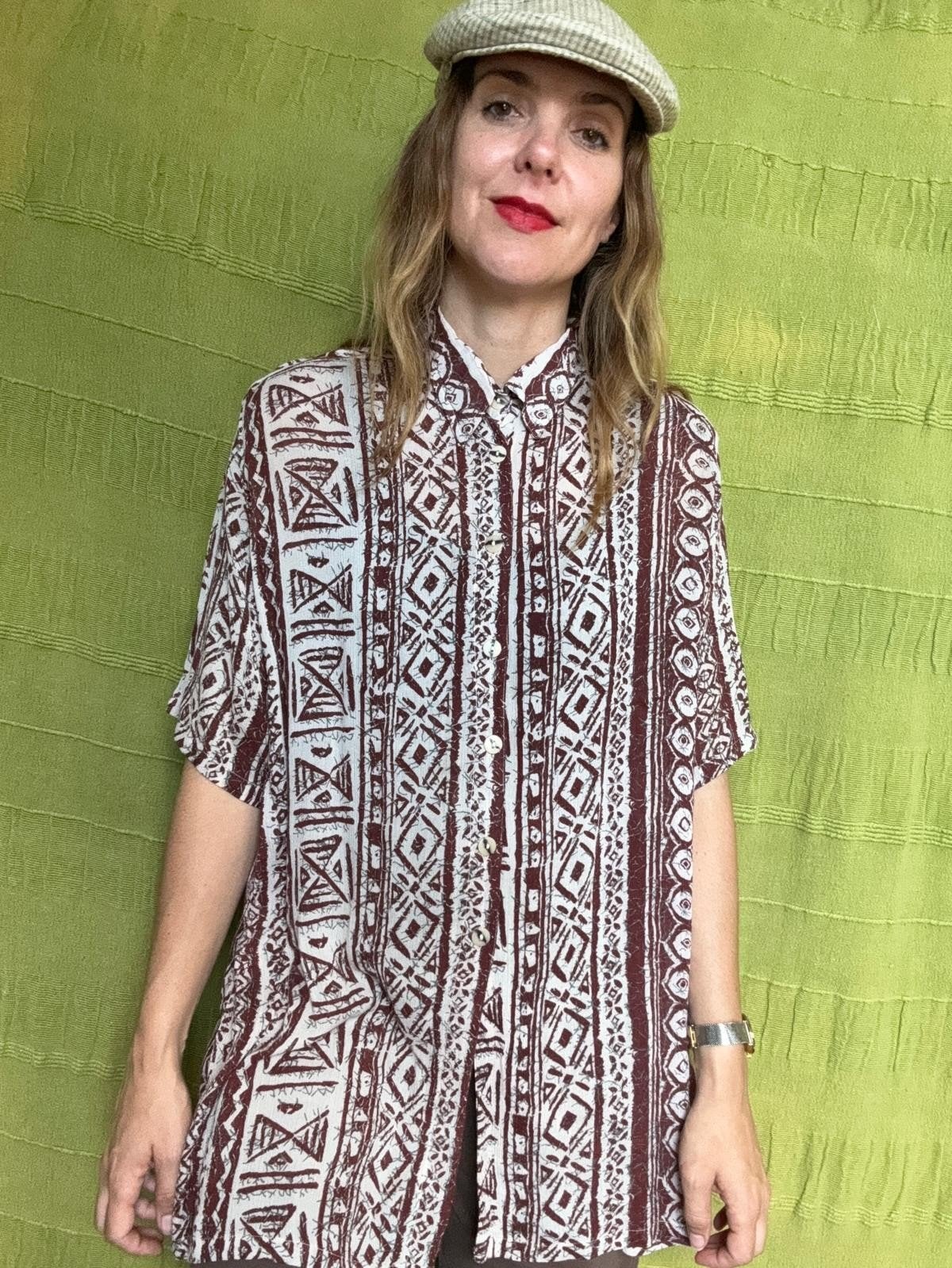 Vintage blouse, maat 40/42 - L/XL - wit & bordeauxrood - 90, Maat 38/40 (M), Vintage, ,, Gedragen