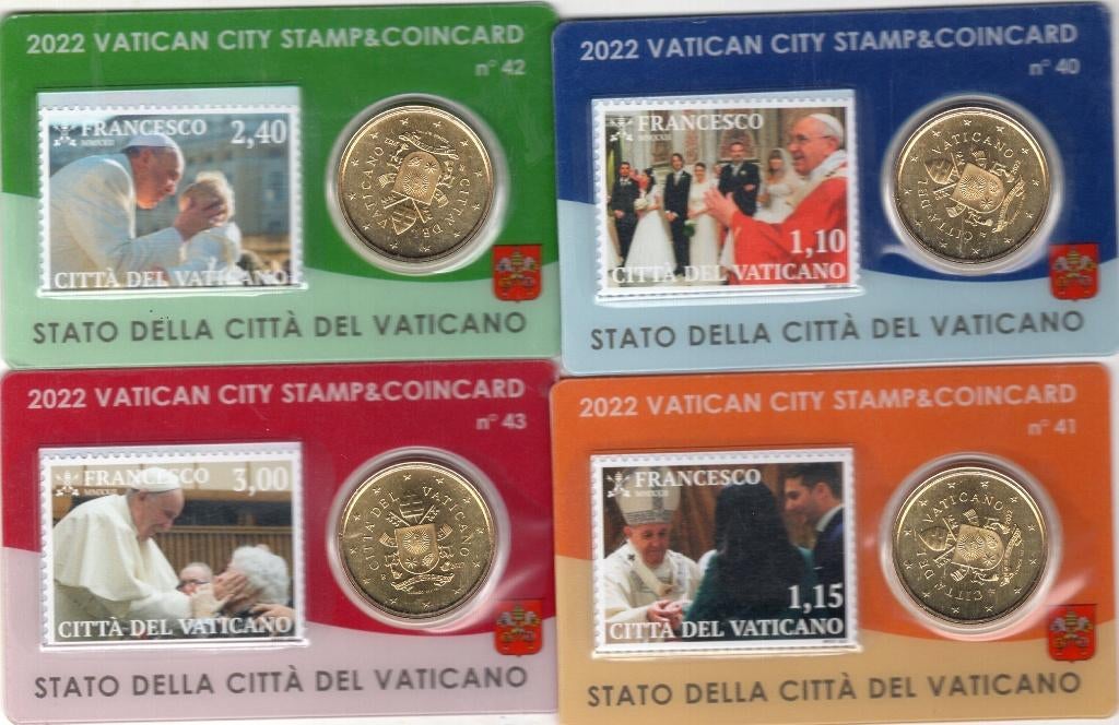 4x Coincard 50 Cent + Zegel Vaticaan 2022 - Nr. 40-41-42-43, Verzenden, Vaticaanstad, 50 cent, Setje
