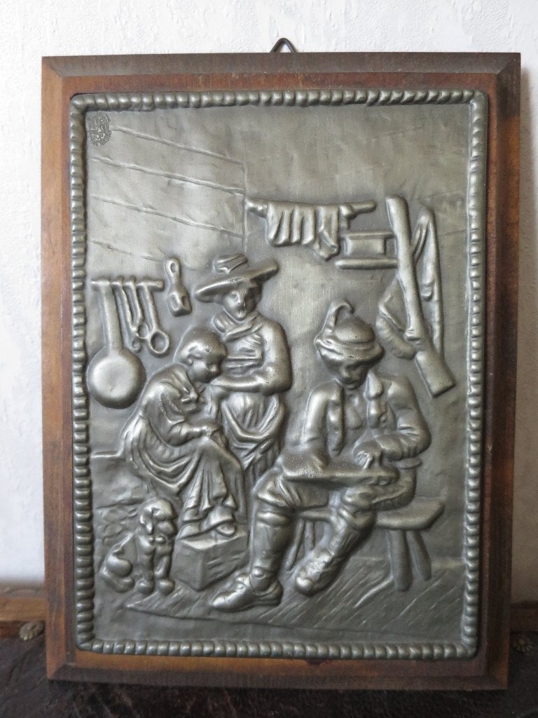 mooi schilderijtje uit tin bevestigd op hout 24,5/18,5 cm, Ophalen of Verzenden