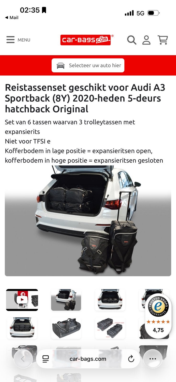 Reistassenset geschikt voor Audi A3 (carbags), Ophalen, Zo goed als nieuw, 30 cm of meer