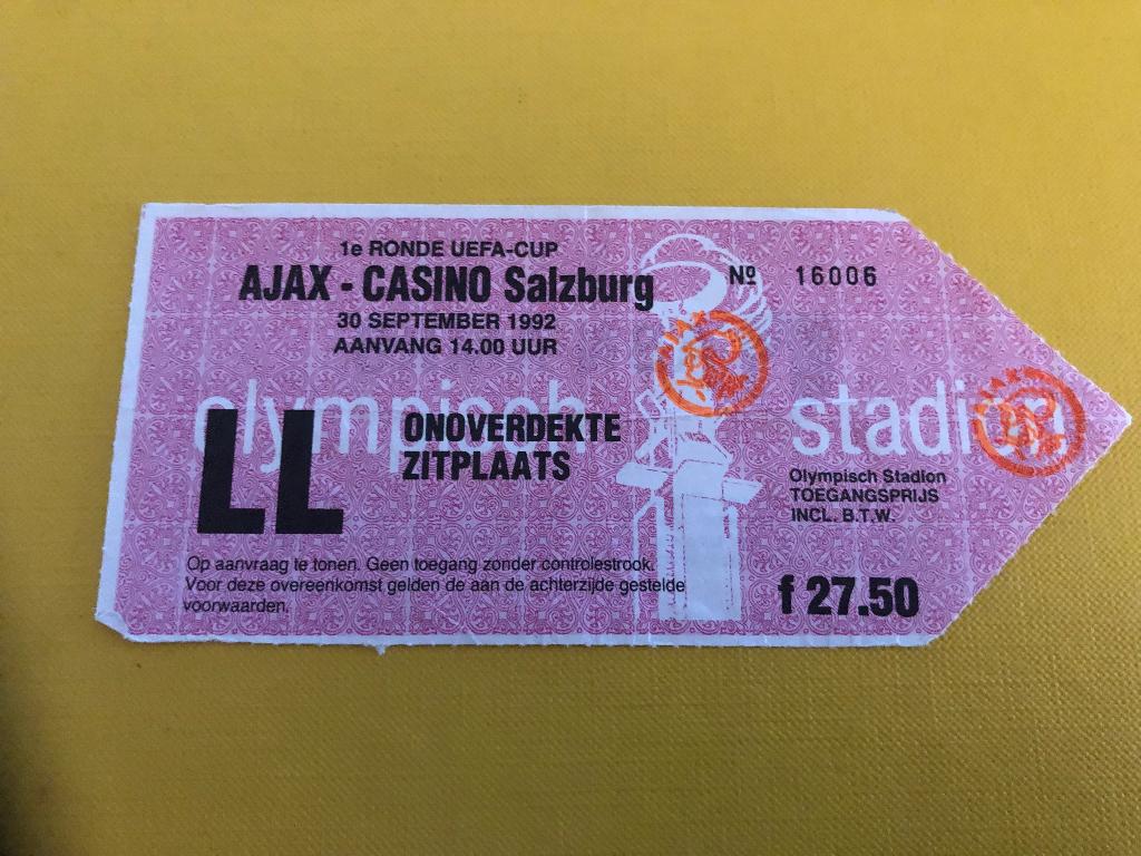 ⚽ Ticket Uefa-Cup Ajax - Casino Salzburg 1992/1993 ⚽, Verzenden, Zo goed als nieuw, Ajax, Overige typen