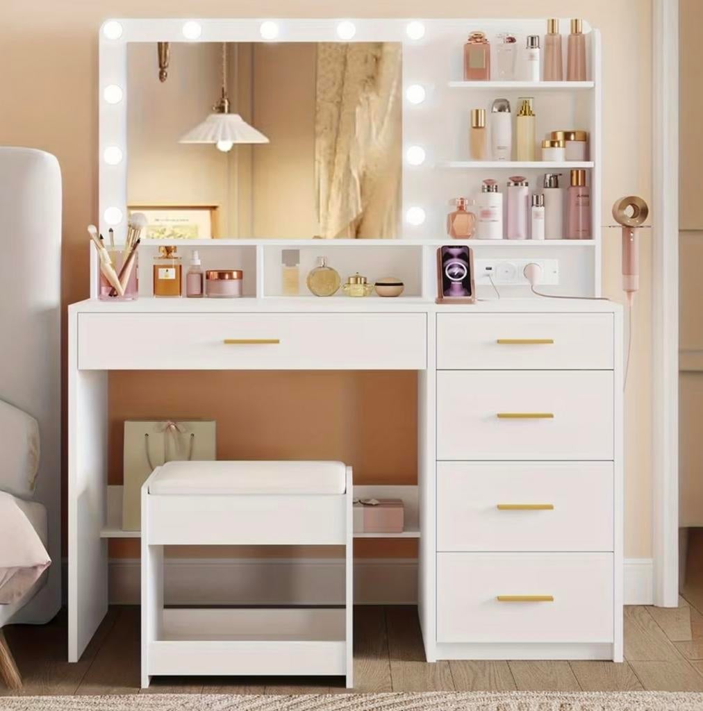 Witte make-up tafel met spiegel, verlichting en stoel, Ophalen, Nieuw, Hout, 100 tot 150 cm