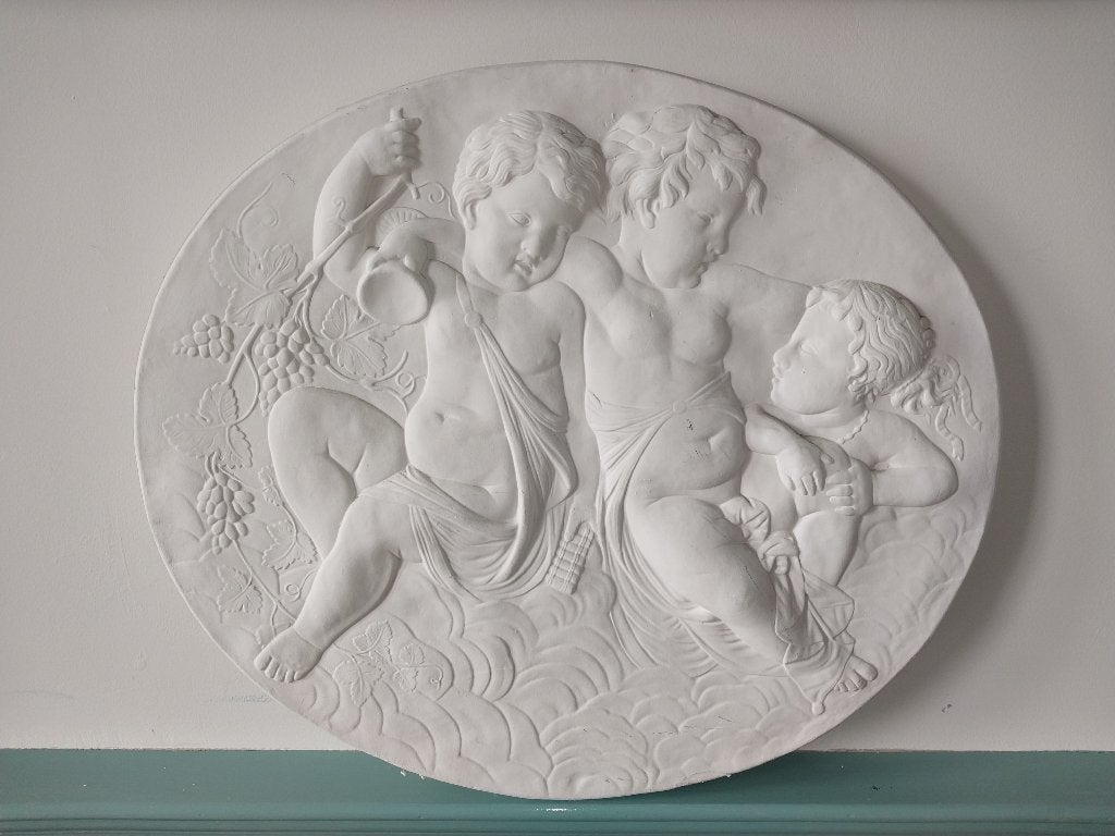 Groot gipsen wandornament reliëf putti cherubijnen 60x67 cm, Ophalen