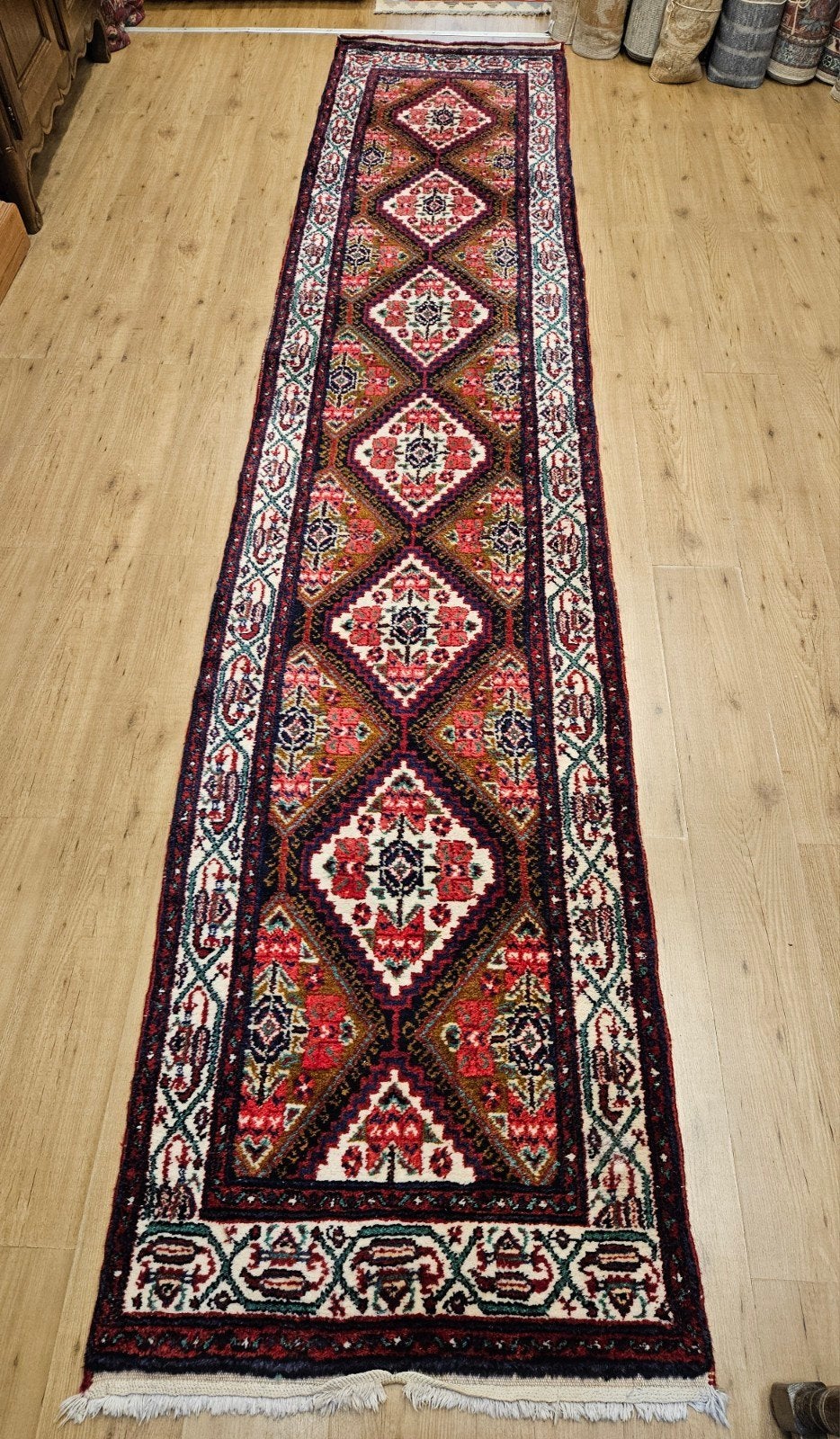Vintage handgeknoopt perzisch tapijt loper hamadan 417x85, Huis en Inrichting, Stoffering | Tapijten en Kleden, Info@SlatsAntiek.nl