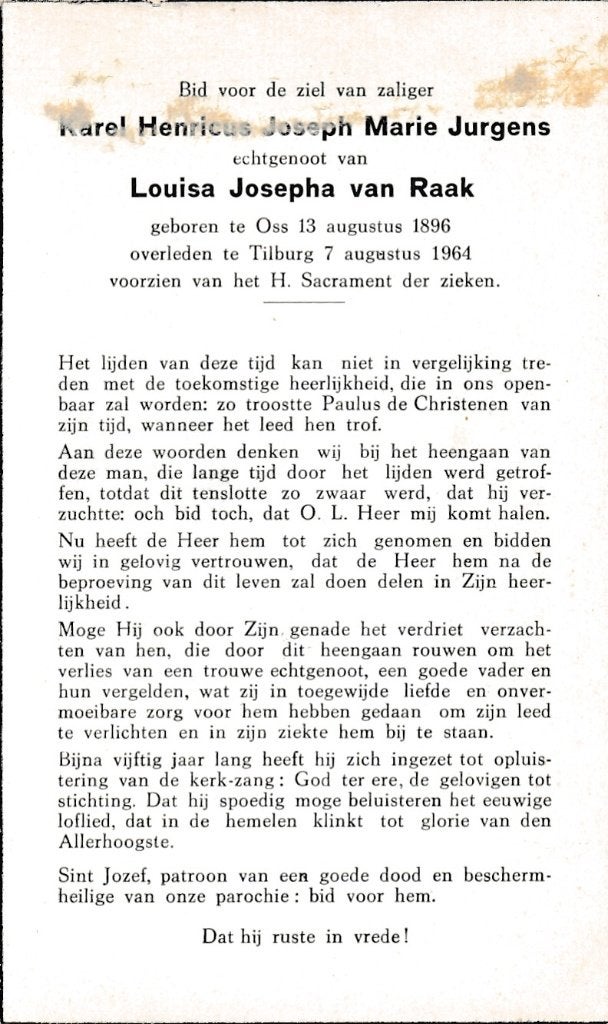 Jurgens Karel 1896 Oss 1964 Tllburg, Ophalen of Verzenden, Bidprentje