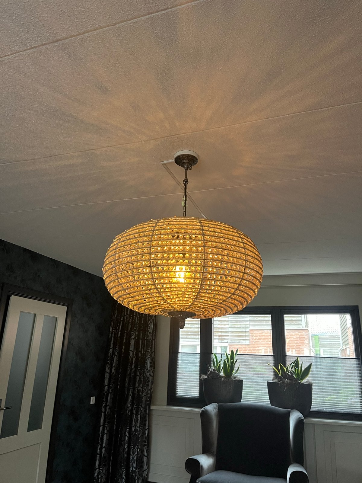 Grote ovale hanglamp met kristallen kralen, Huis en Inrichting, Lampen | Hanglampen, Ophalen, Zo goed als nieuw, Glas, E27 (groot)