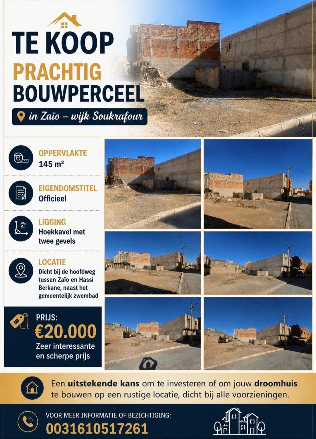 Marokko Zaio Bouwgrond 145 m² Hoekkavel, Ophalen of Verzenden