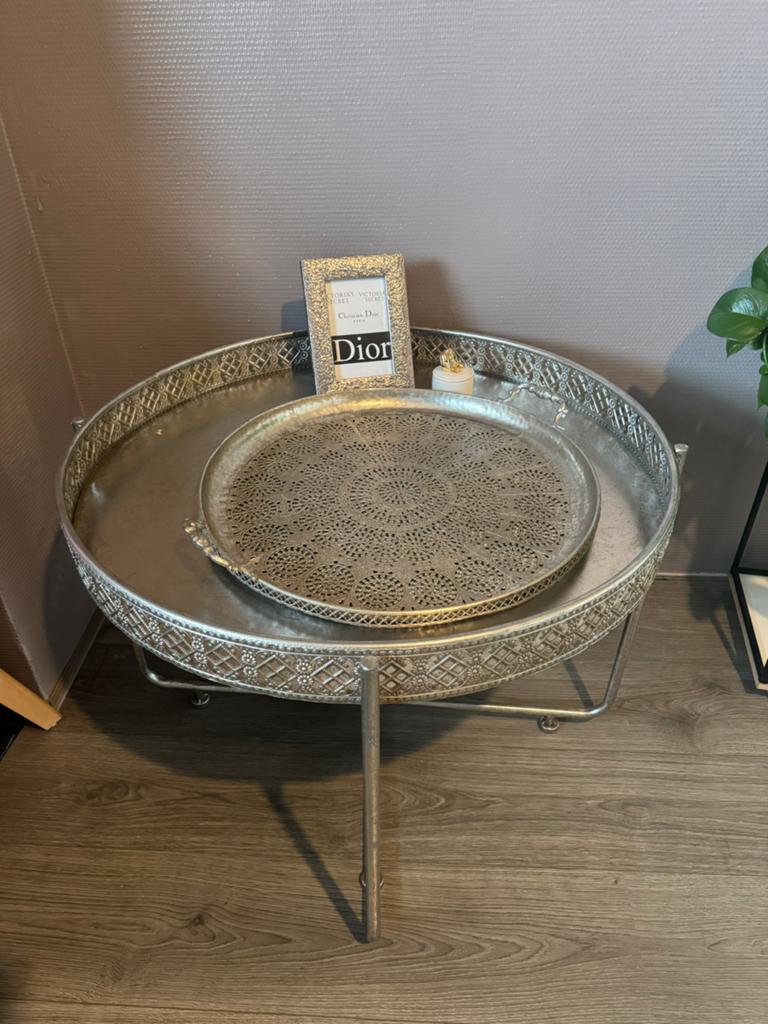 Vintage bijzettafel zilveren, Minder dan 55 cm, Rond, Zo goed als nieuw, Ophalen