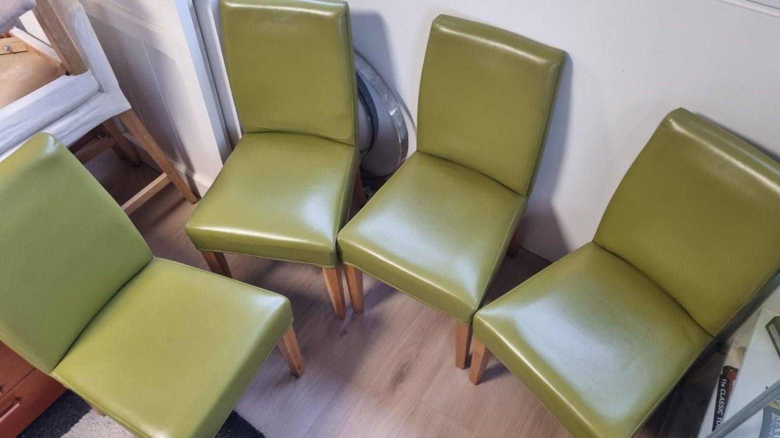 Set van 4 eetkamerstoelen - Groen leer, Ophalen, Gebruikt, Overige kleuren, Hout