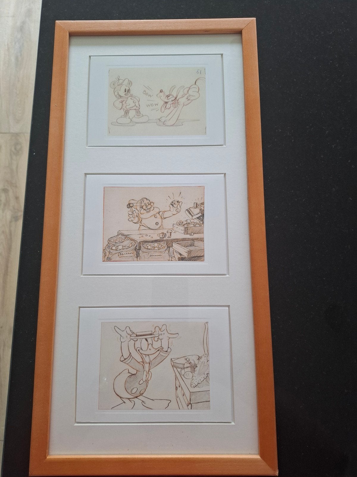 Disney drieluik - Animatie Storyboard schetsen in lijst, Ophalen of Verzenden, Zo goed als nieuw, Plaatje of Poster