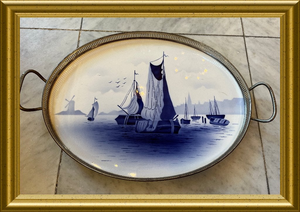 Oud tegel dienblad: blauw, boten, Antiek en Kunst, Ophalen