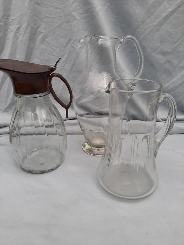 3 verschillende oude glazen waterkannen, Antiek en Kunst, Antiek | Glas en Kristal, Ophalen of Verzenden