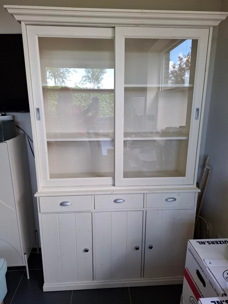 Mooie kast met glazen schuifdeuren, lades en deuren, Ophalen, Gebruikt, 100 tot 150 cm, Glas