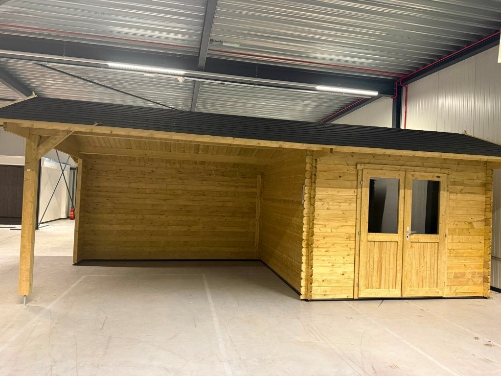 Houten overkapping/veranda - met schuur - moderne tuinkamer, Ophalen, Tuinhuis, Zo goed als nieuw, 2 ramen
