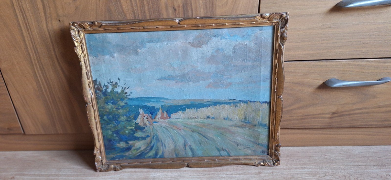 oud schilderij  landschap 50 x 40, Ophalen of Verzenden