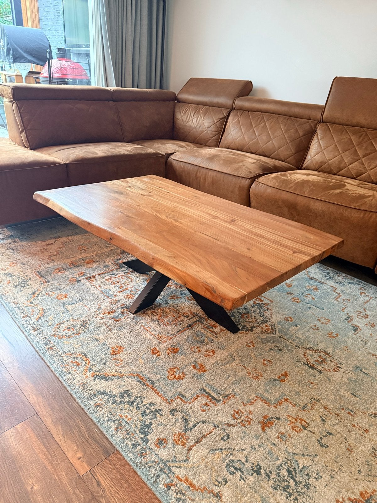 Massiefhouten salontafel met spinpoot, boomstam look 120x70c, Ophalen, Gebruikt, 100 tot 150 cm, 50 tot 100 cm