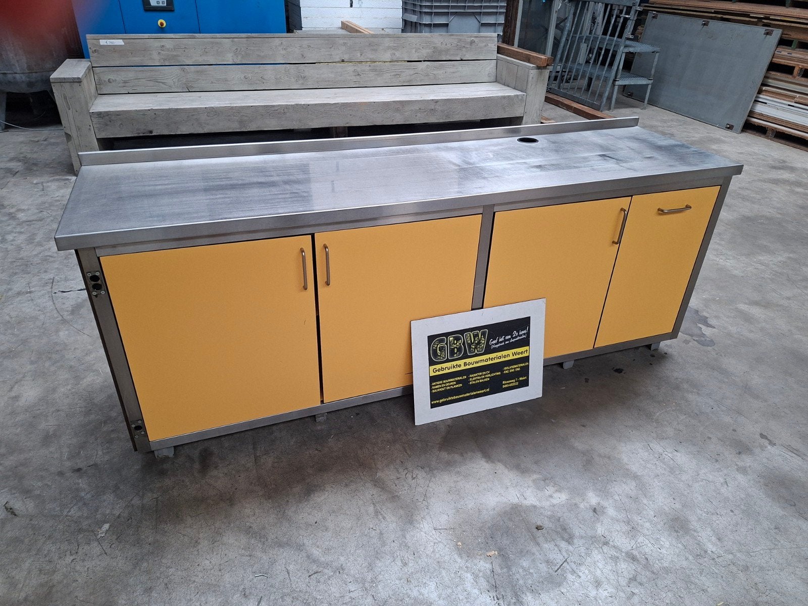 RVS werktafel met onderkast 225x60 cm, werkblad, werkbank, Ophalen, Gebruikt, Geel, 200 cm of meer