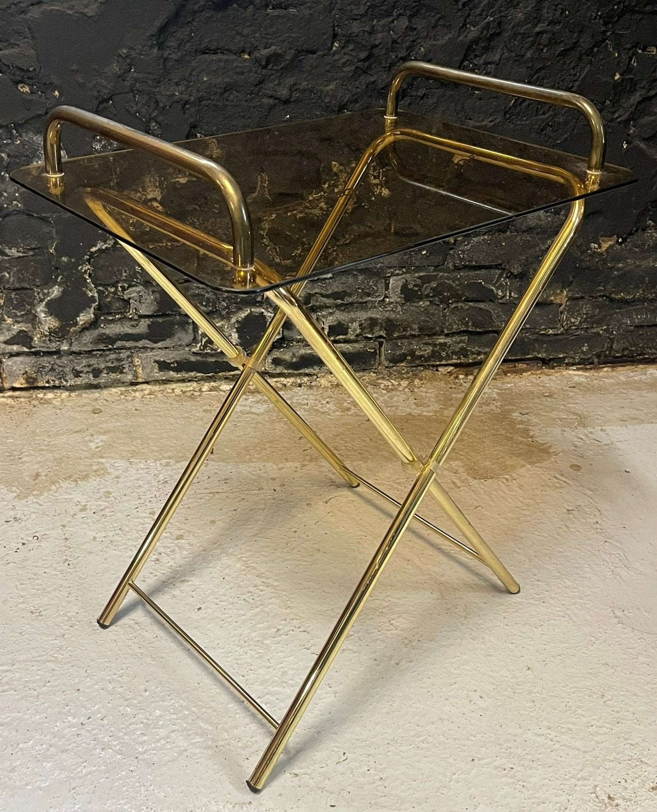 Vintage 80’s Italiaans design tafel messing rookglas, Ophalen, Minder dan 55 cm, Gebruikt, Vintage 80's Italiaans design