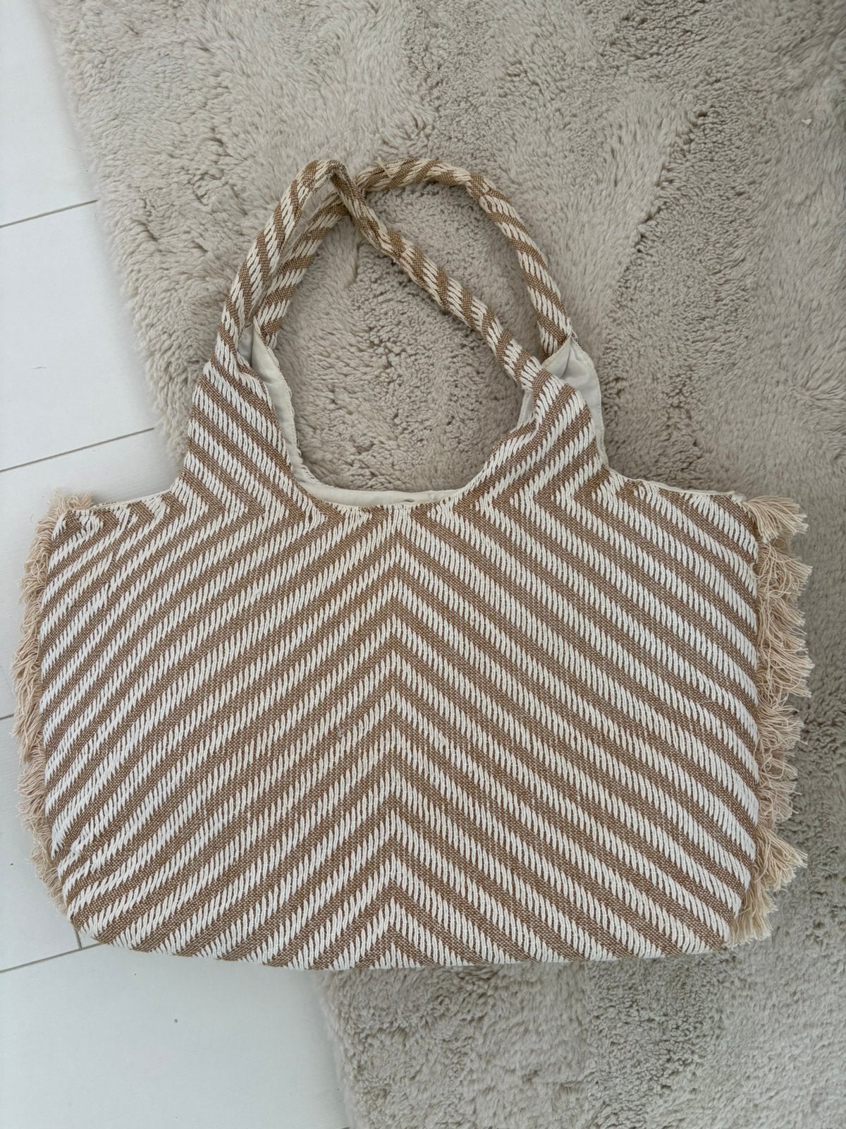 Boohoo strandtas creme streep beige, Ophalen of Verzenden, Zo goed als nieuw, Beige, Shopper