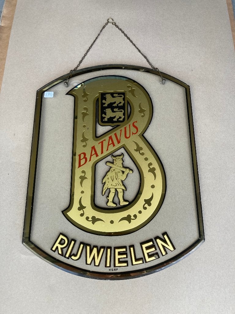 Aangeboden :  Mooie Oude Glas Reclame BATAVUS Rijwielen., Ophalen of Verzenden, Zo goed als nieuw, Reclamebord