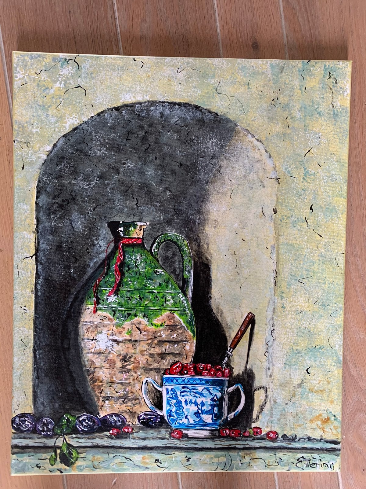 Stilleven met kruik en kersen - Acrylverf op doek 40x50 cm, Acrylverf, Doek, Realistisch, Stilleven