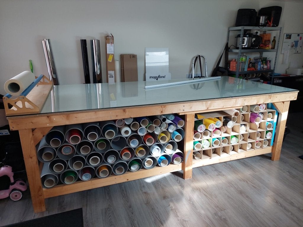 Grote werk-/snijtafel met glasplaat + folie en restmateriaal, Ophalen, Gebruikt, 170 cm of meer