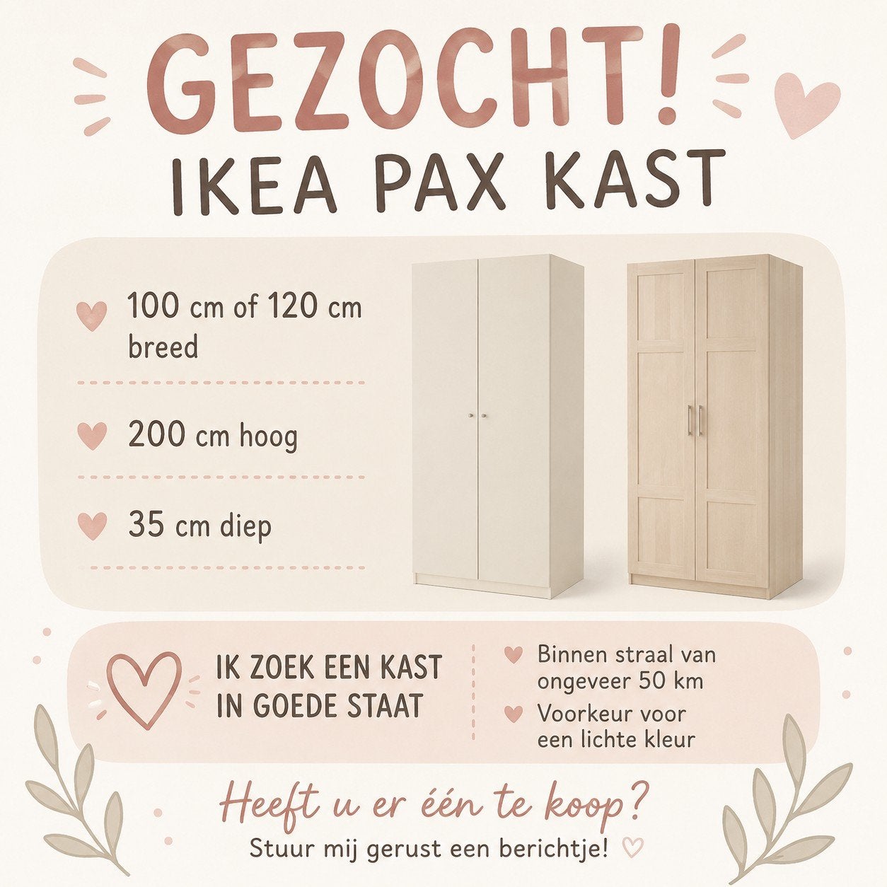 Gezocht: IKEA Pax kast, Huis en Inrichting, Ophalen, 100 tot 150 cm, 200 cm of meer, Zo goed als nieuw