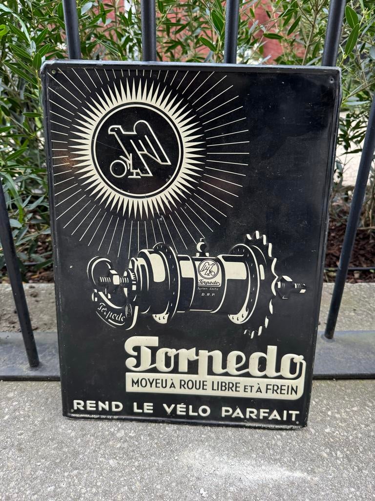 Vintage Torpedo Reclamebord - Fietsnaaf, Reclamebord, Gebruikt, ., Ophalen of Verzenden