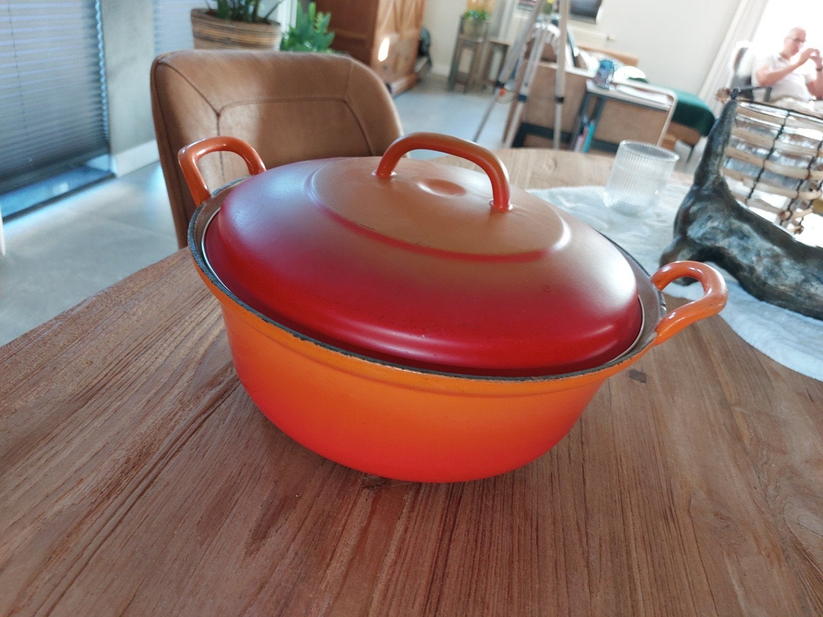 Oranje geëmailleerde gietijzeren braadpan!, Huis en Inrichting, Ophalen, Gebruikt, Met deksel, Overige merken