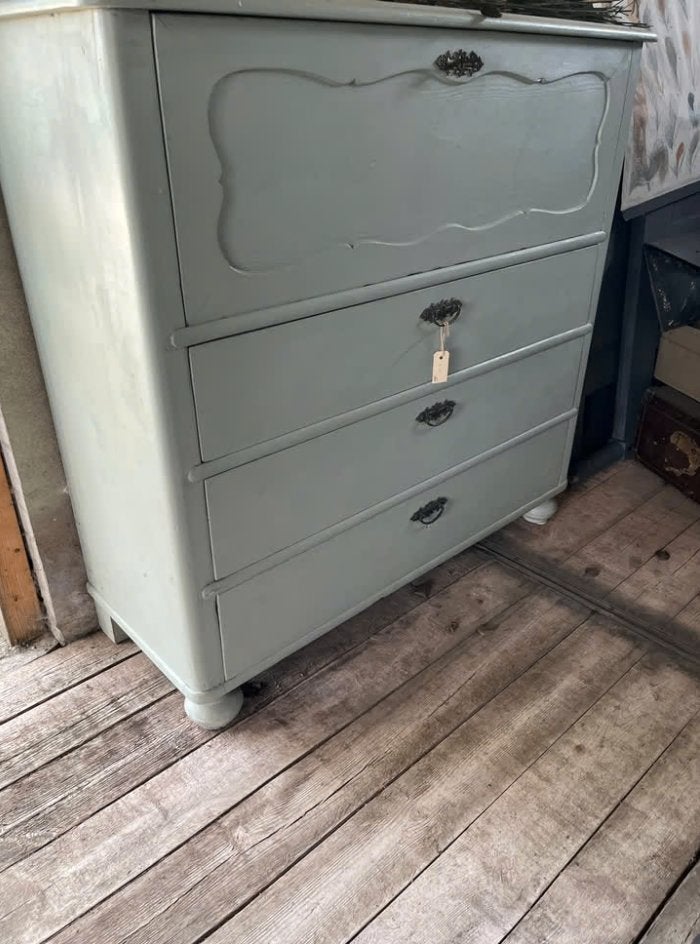 Antieke secretaire met klep en lades, licht geschilderd, Gebruikt, 100 tot 150 cm, 25 tot 50 cm, Met lade(s)