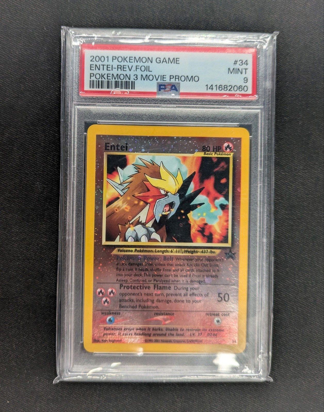 2001 Pokémon Entei Rev-Foil PSA 9 MINT - Movie Promo #34, Ophalen of Verzenden, Zo goed als nieuw, Losse kaart, Foil