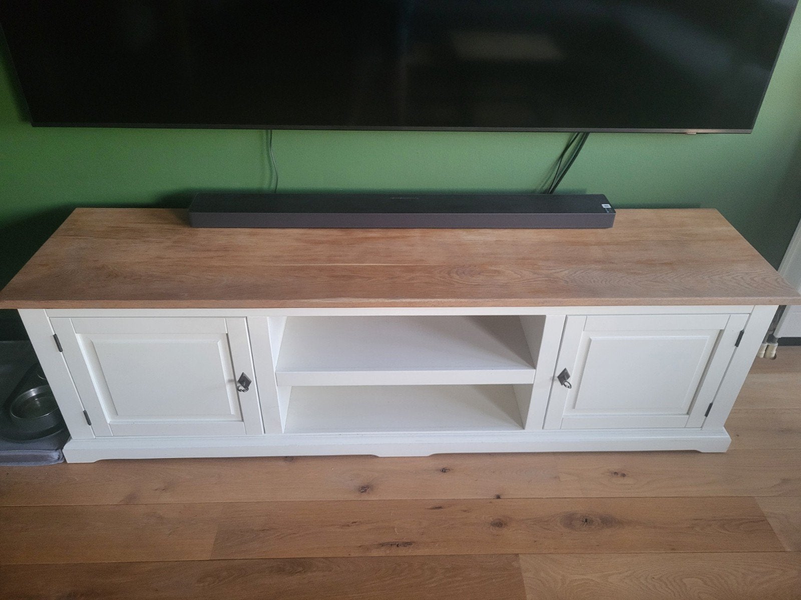 Wit TV meubel met massief houten blad, Ophalen, Gebruikt, Landelijke, Modern, 150 tot 200 cm