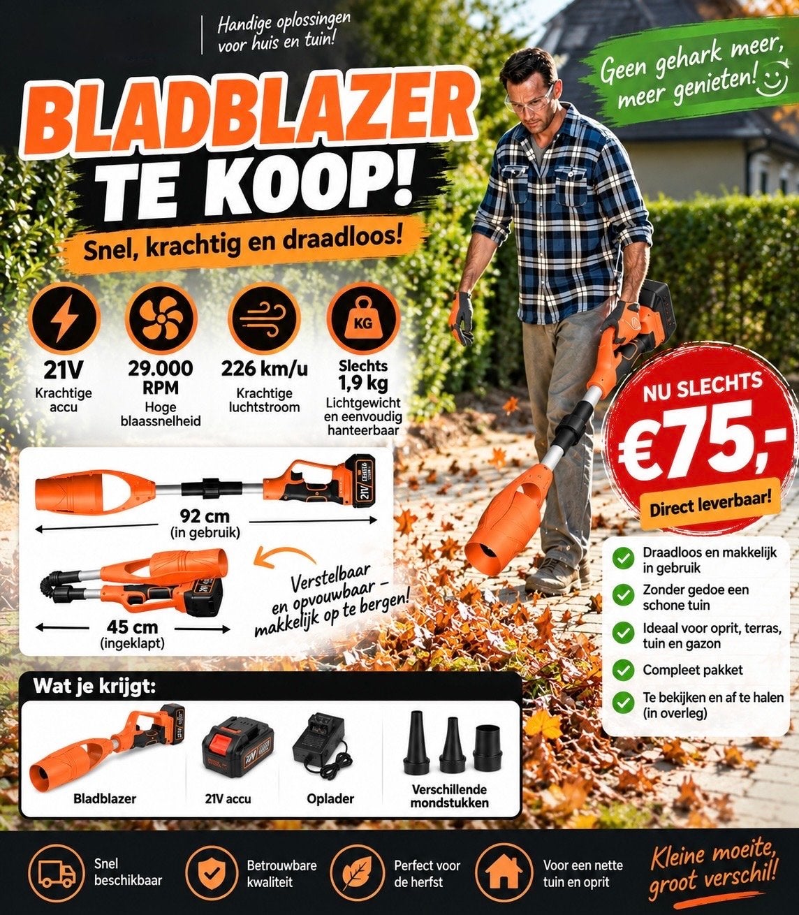 Krachtige en draadloze bladblazer met 21V accu, Tuin en Terras, Ophalen of Verzenden, Nieuw, Accu, Handgedragen