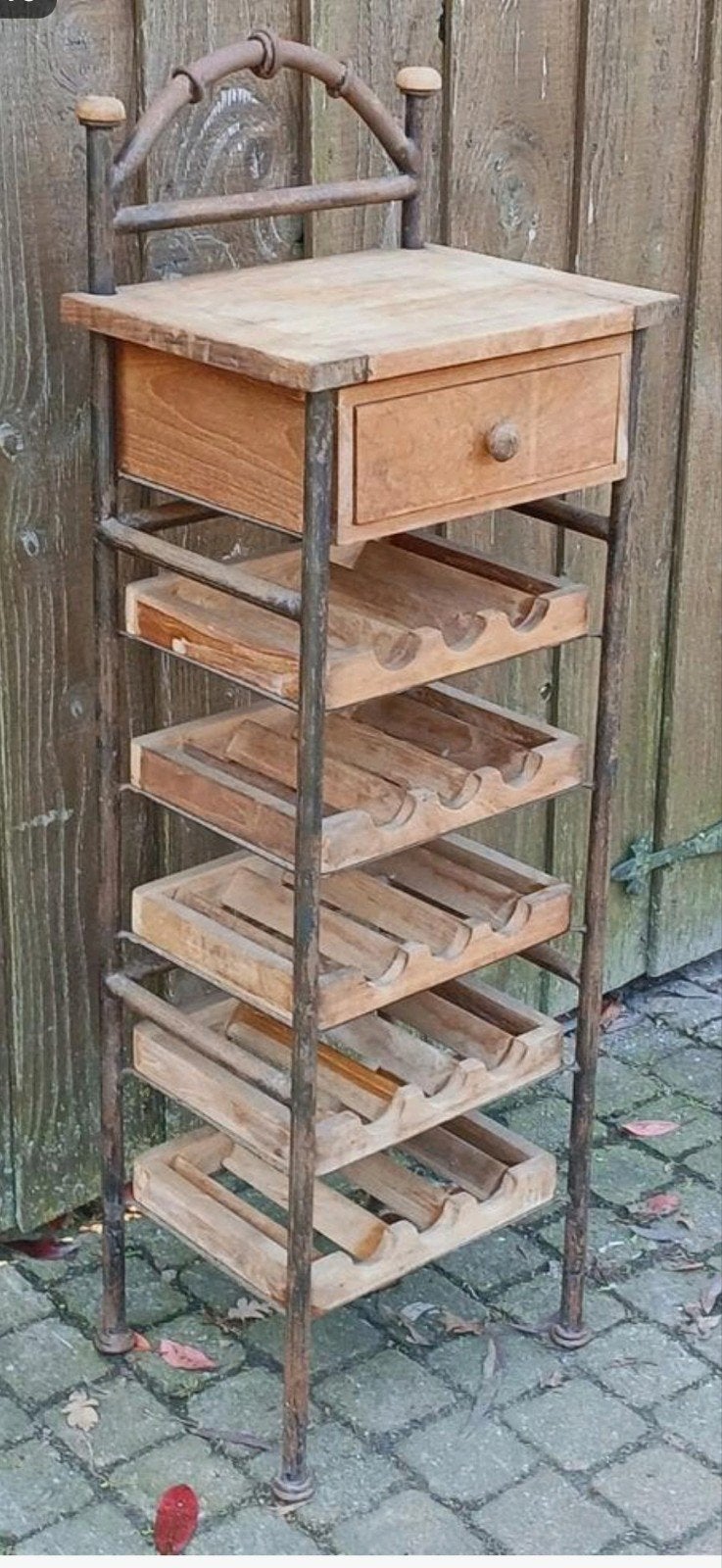 Wijnrek met lade en smeedijzeren frame & teakhout, Huis en Inrichting, Woonaccessoires | Wijnrekken, Gebruikt, 5 tot 15 flessen